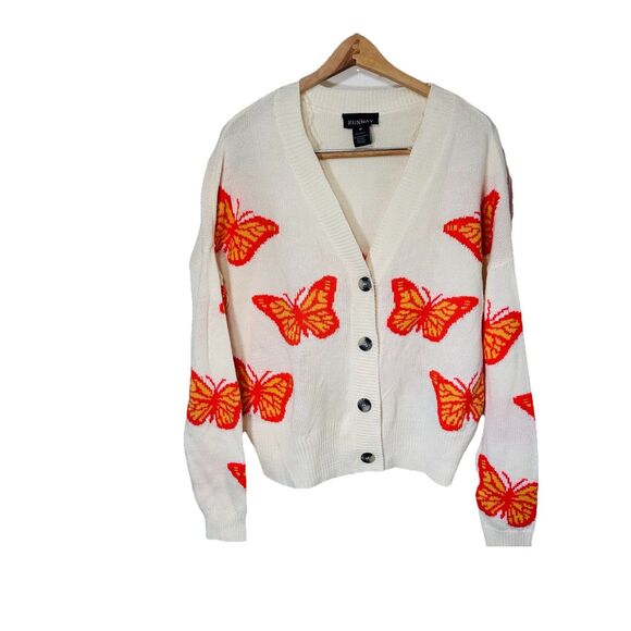 Runway Sz M Monarch Butterfly Orange White Cardigan Sweater Y2k Women's Knit - Picture 4 of 8